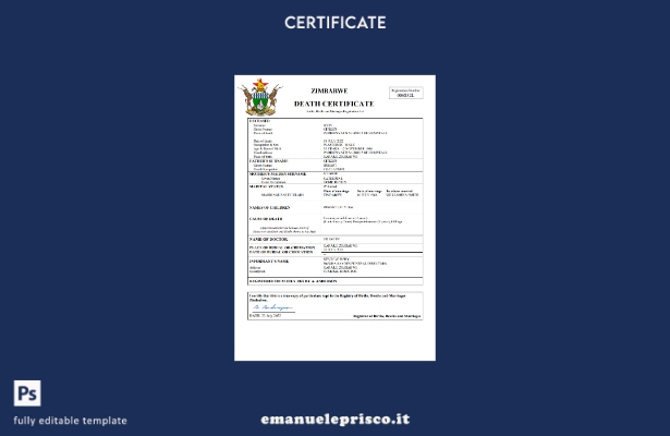 stile verificato Certificato di morte dello stato civile dello Zimbabwe Modello 